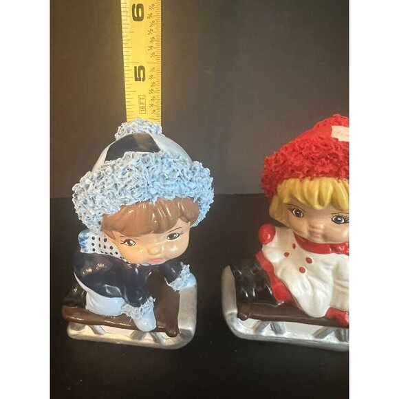 Vintage Kitsch Spaghetti Christmas Kid Village Decor Children Sled Mcm Set4 Lot - Picture 7 of 12